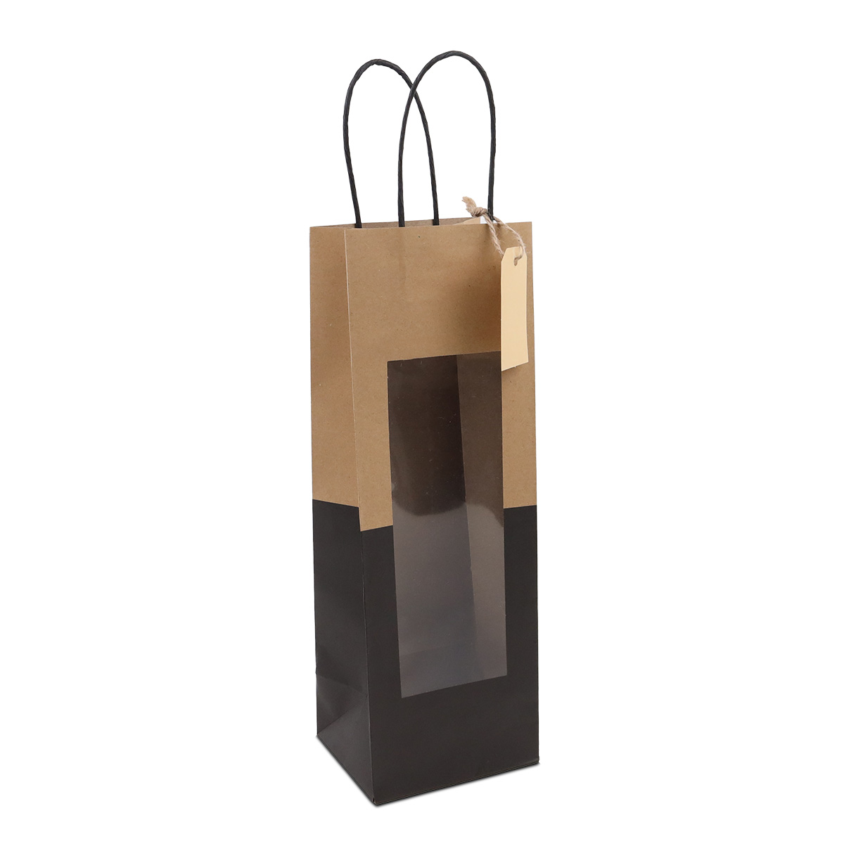 Twisted paper wine bottle bags with window and hang tag