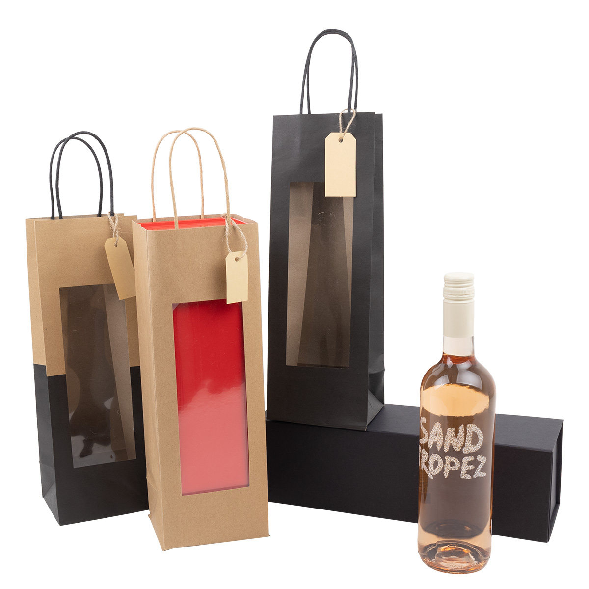 Twisted paper wine bottle bags with window and hang tag