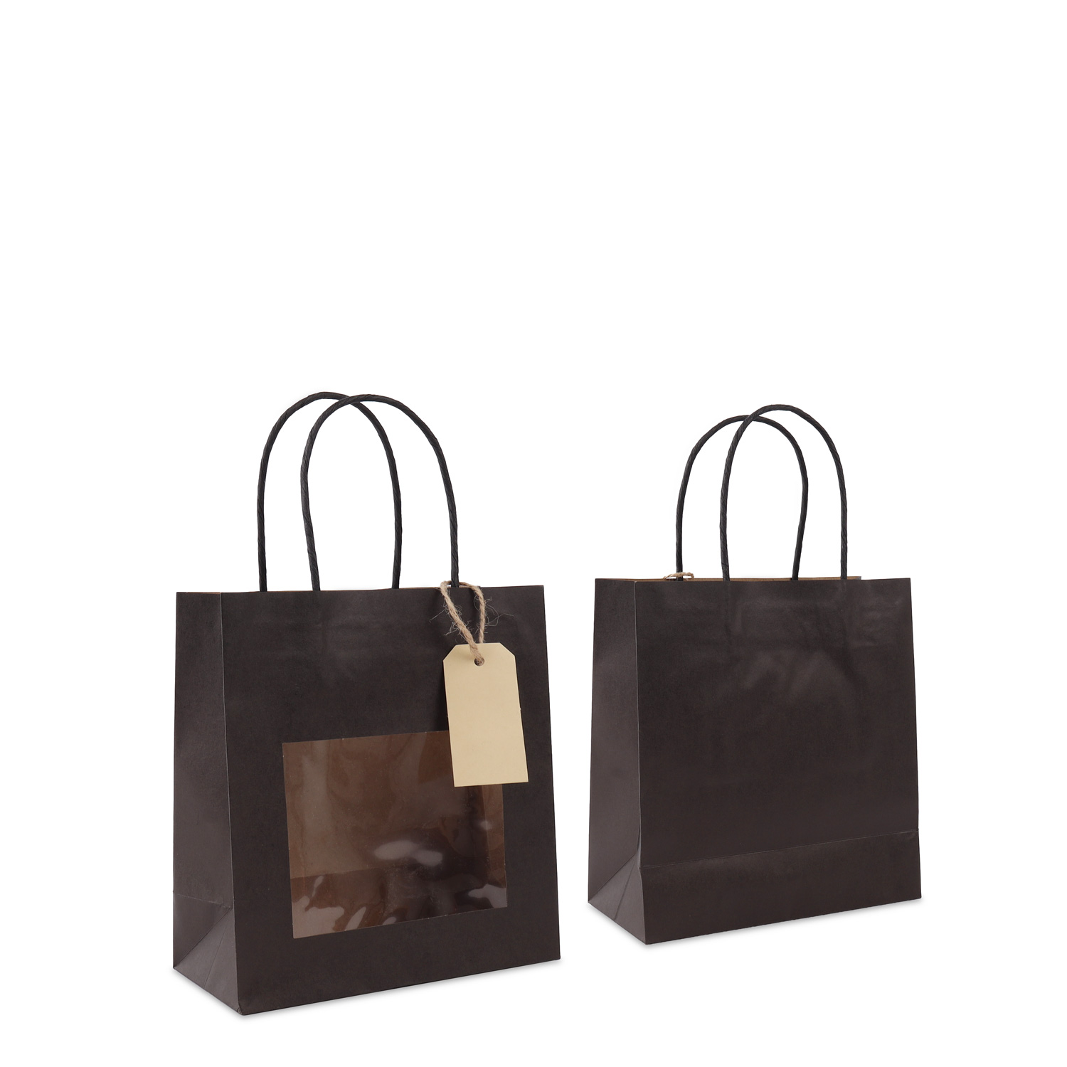 Twisted paper gift bags with window and hang tag