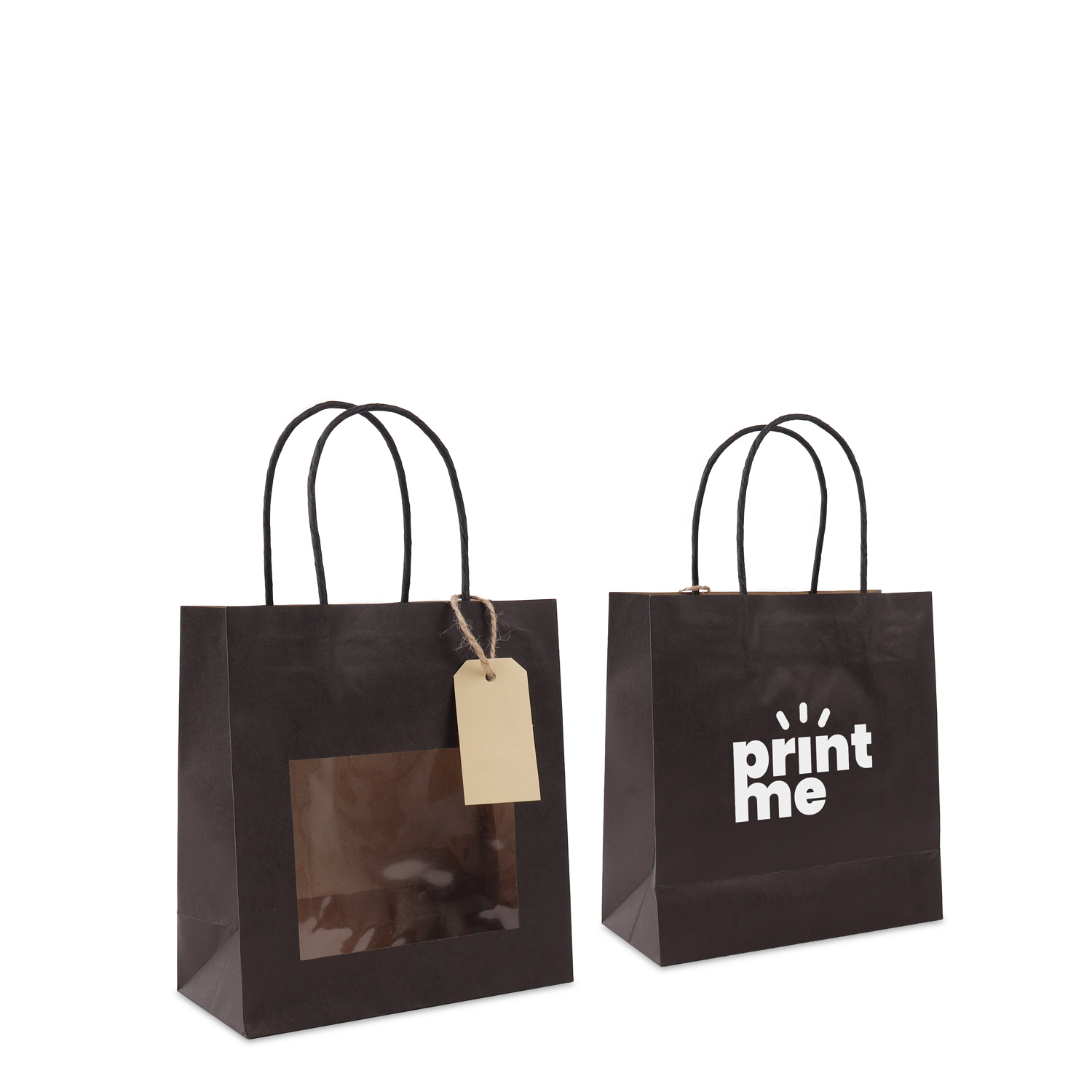 Twisted paper gift bags with window and hang tag