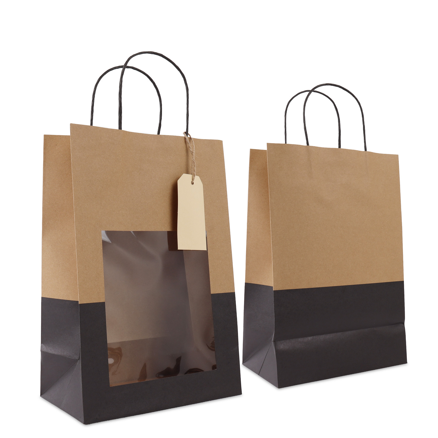 Sacs cadeaux poignée torsadée en papier kraft avec fenêtre et étiquette américaine