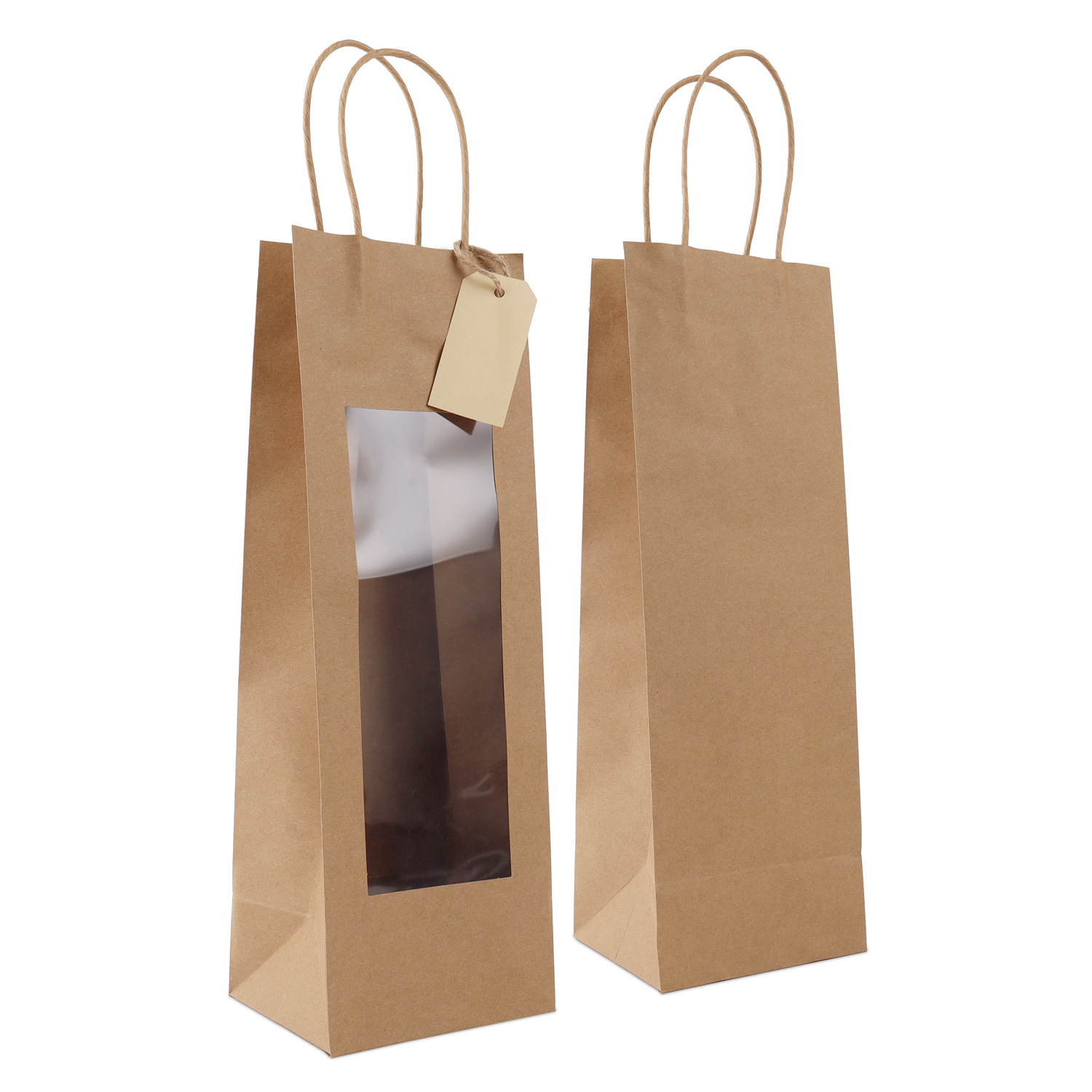 Twisted paper gift bags with window and hang tag