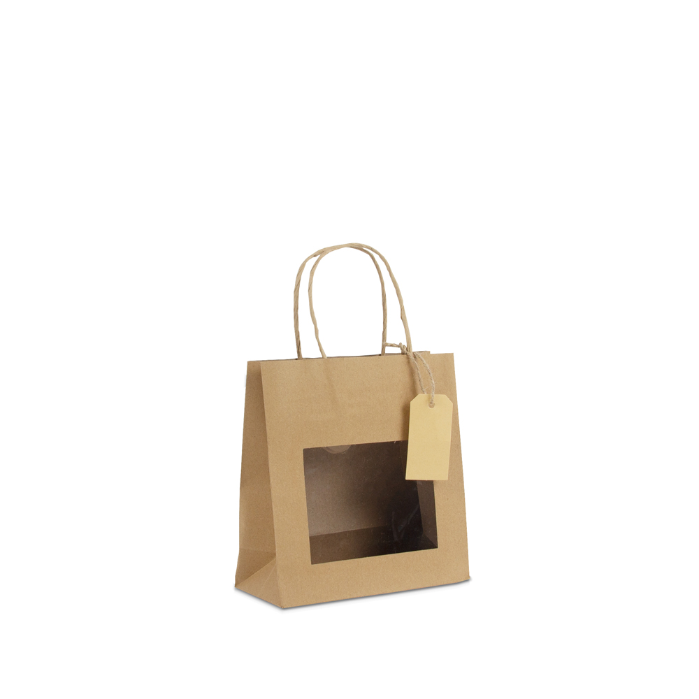 Twisted paper gift bags with window and hang tag