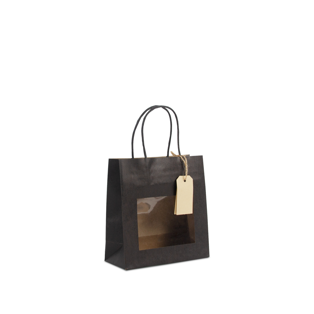 Twisted paper gift bags with window and hang tag