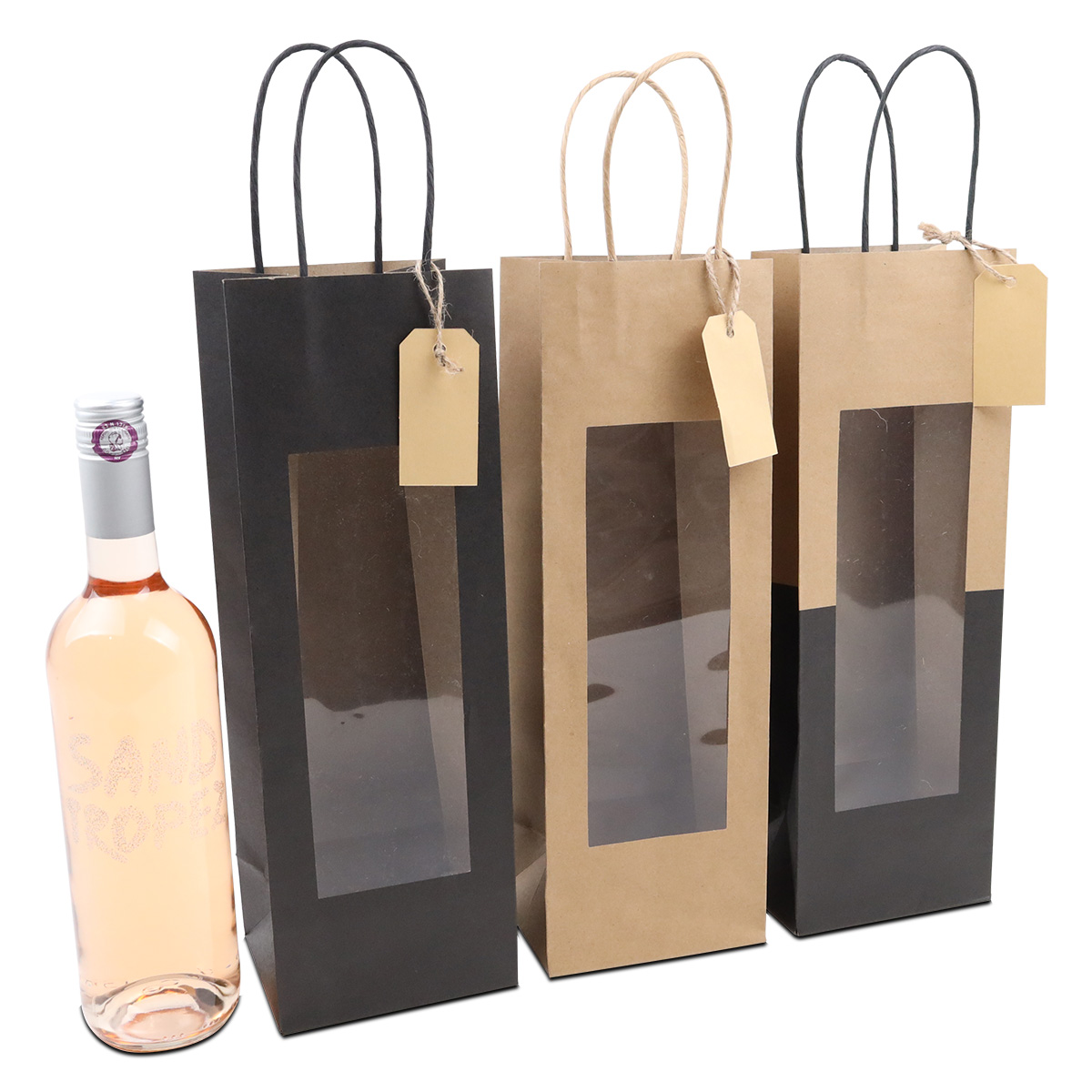 Twisted papieren wijnflestasjes met venster en hangtag
