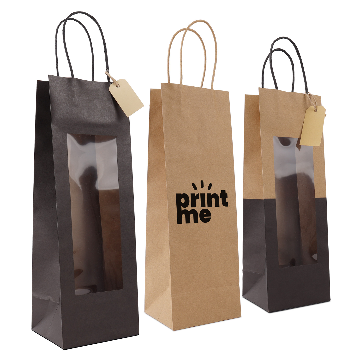 Twisted papieren wijnflestasjes met venster en hangtag