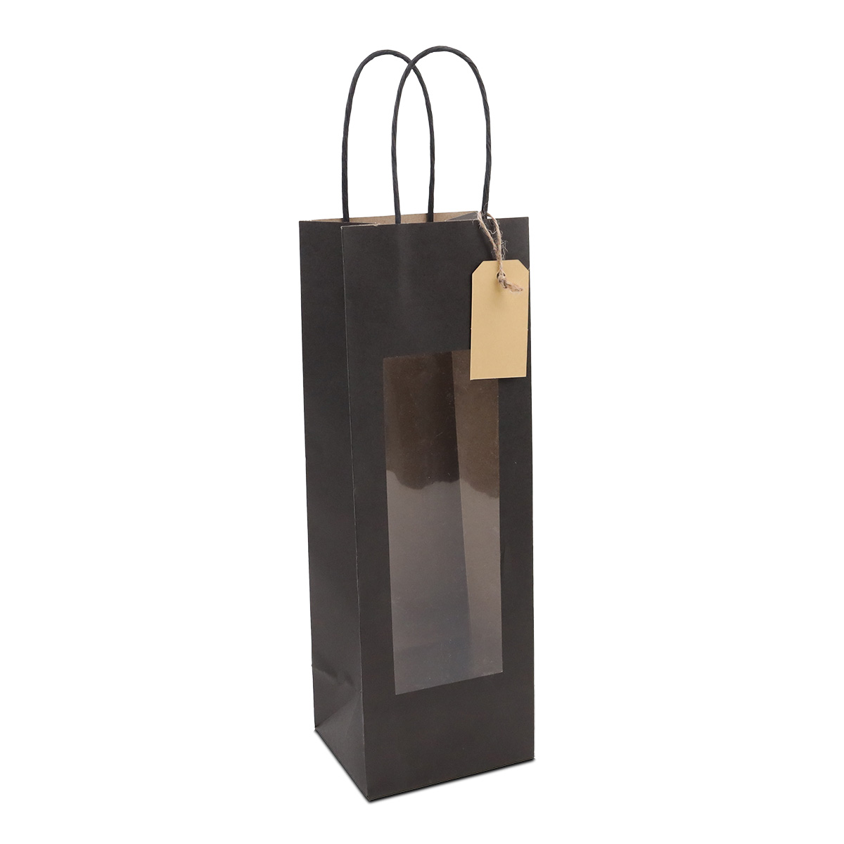 Twisted paper wine bottle bags with window and hang tag