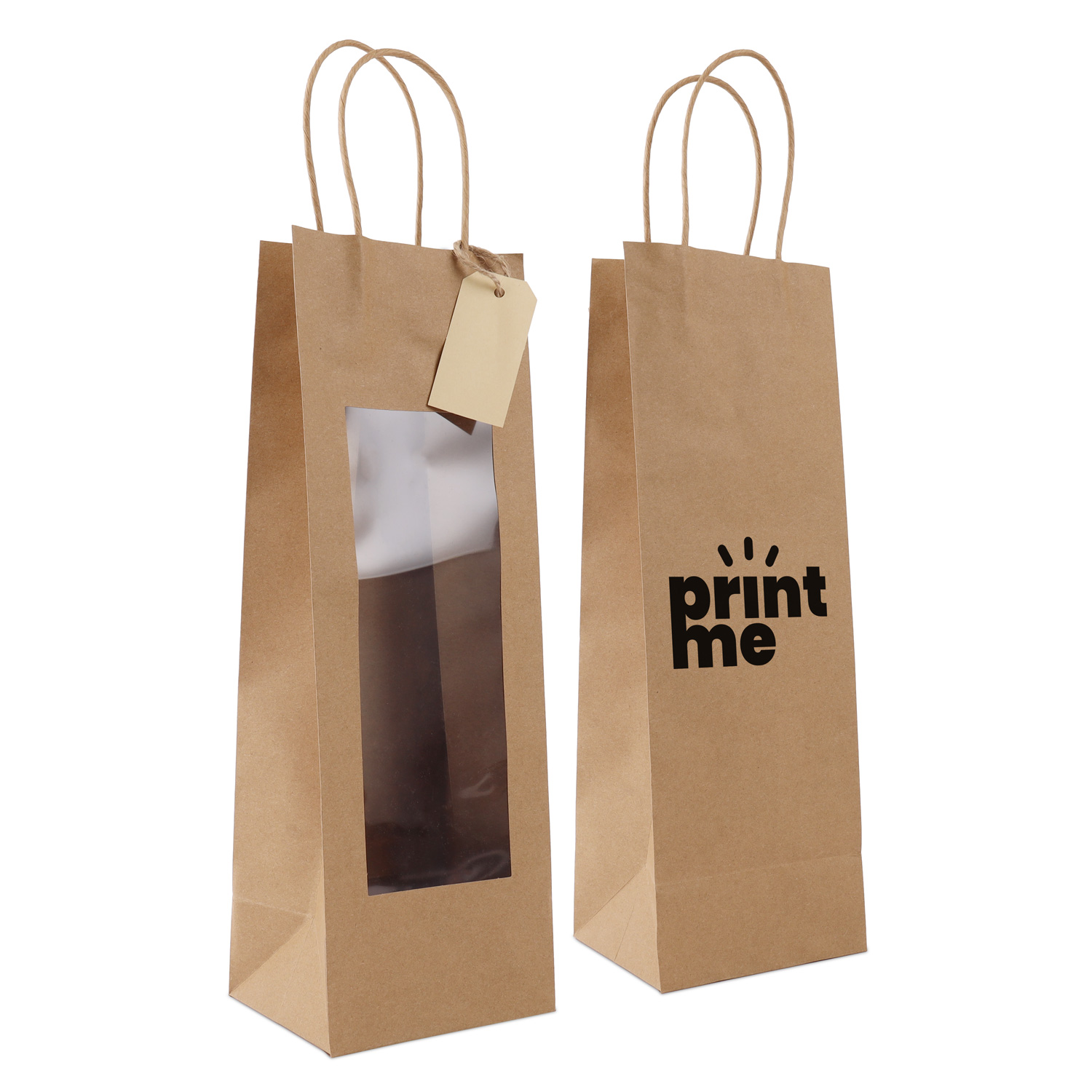 Twisted paper gift bags with window and hang tag