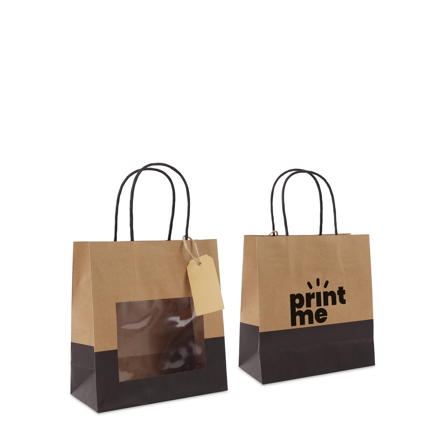 Twisted paper gift bags with window and hang tag