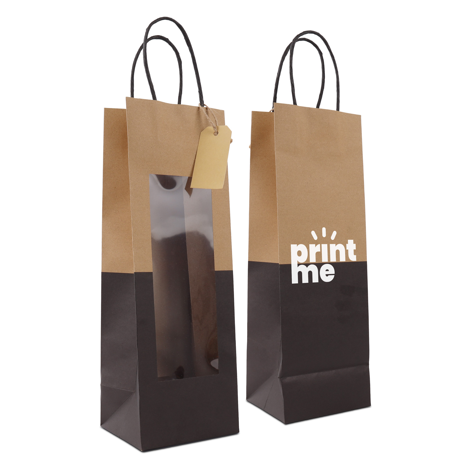 Twisted papieren wijnflestasjes met venster en hangtag