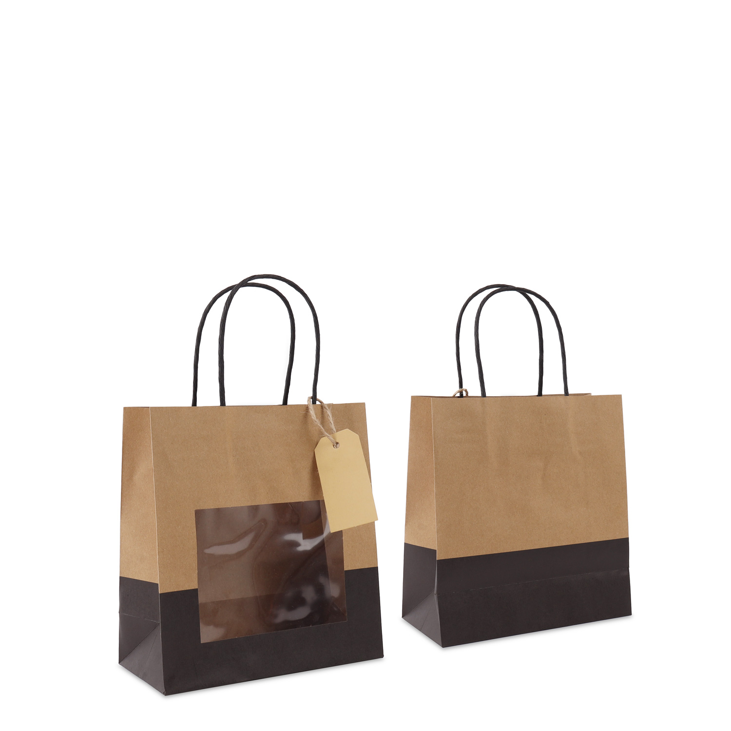 Twisted paper gift bags with window and hang tag