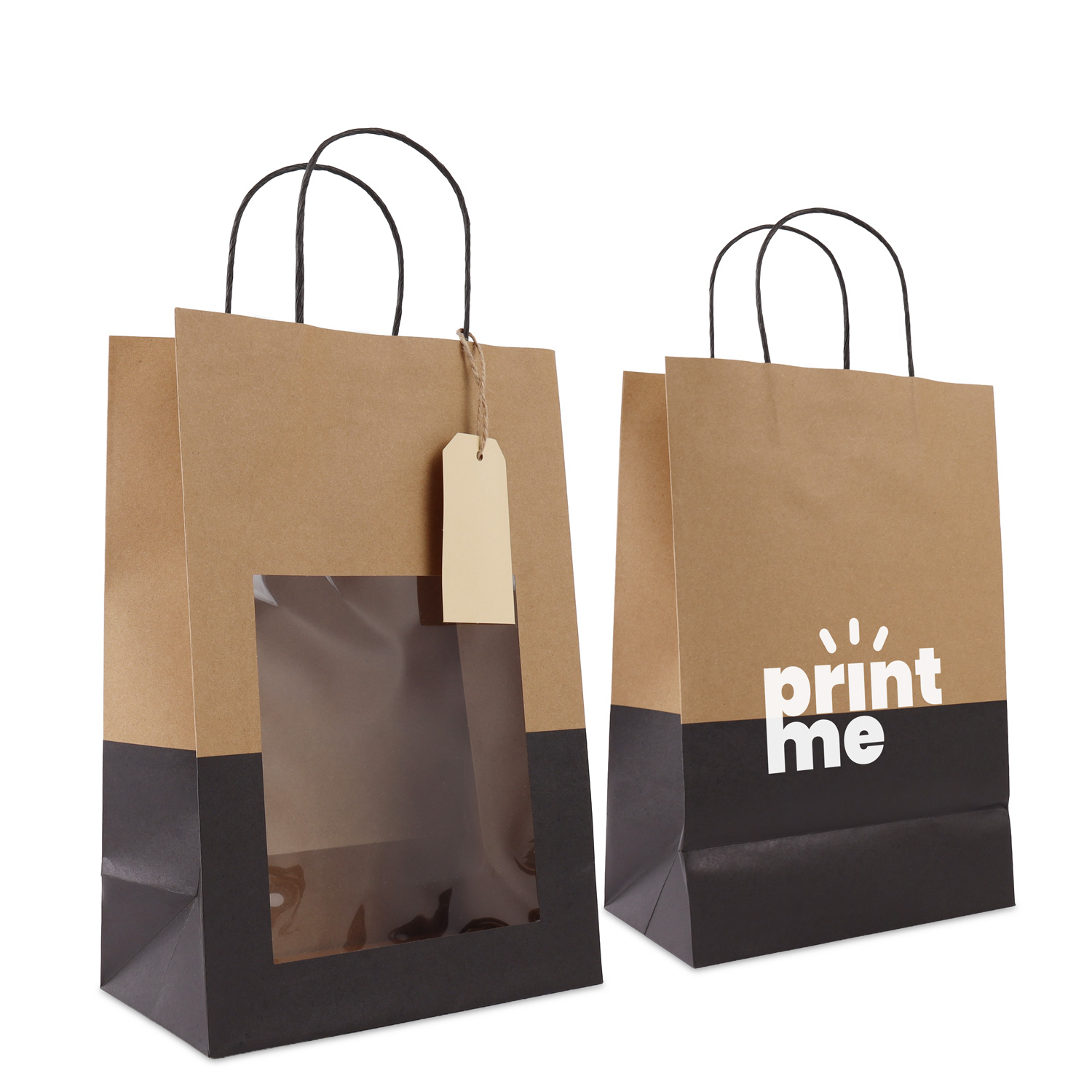 Sacs cadeaux poignée torsadée en papier kraft avec fenêtre et étiquette américaine