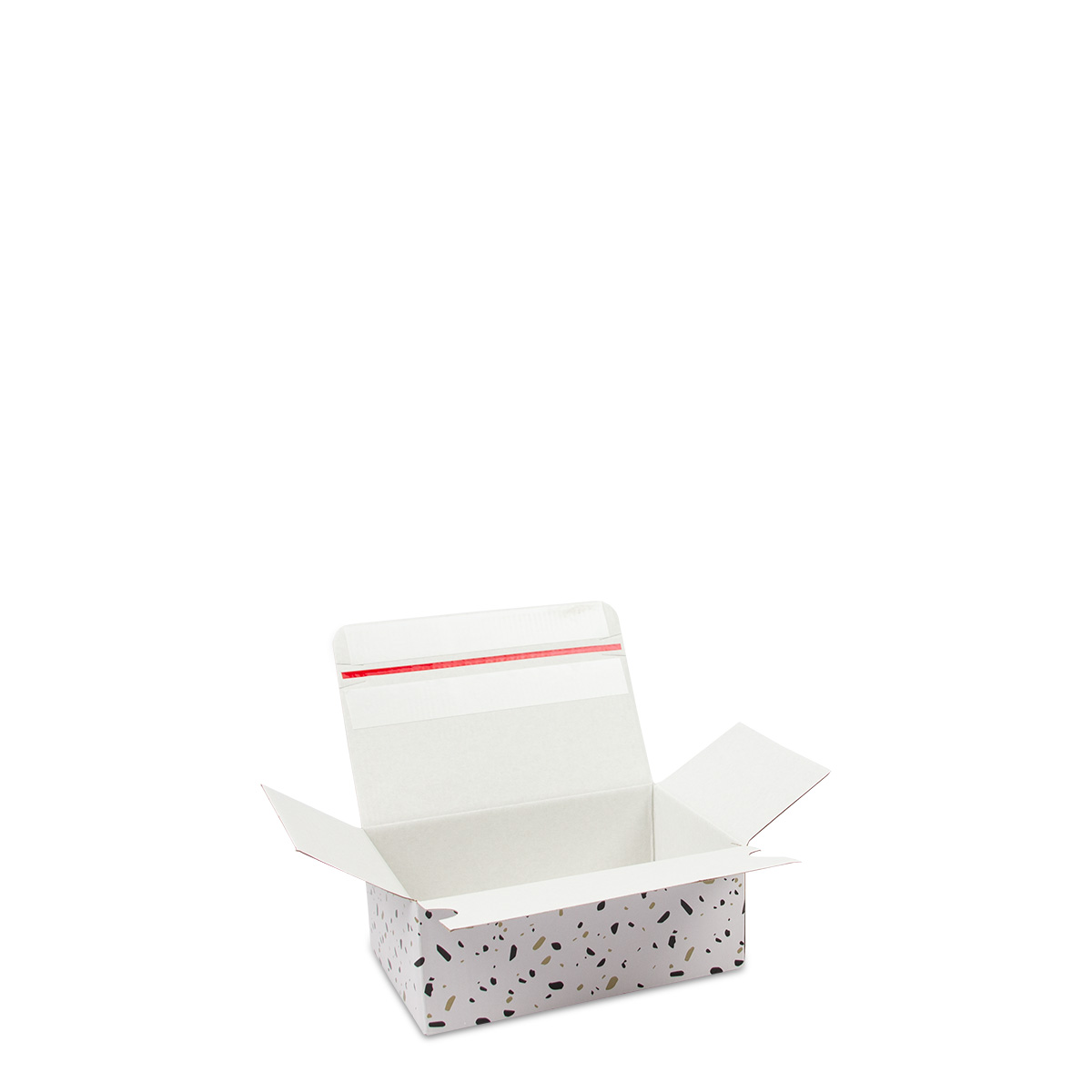 Confetti shipping boxes with auto-lock bottom and return strip