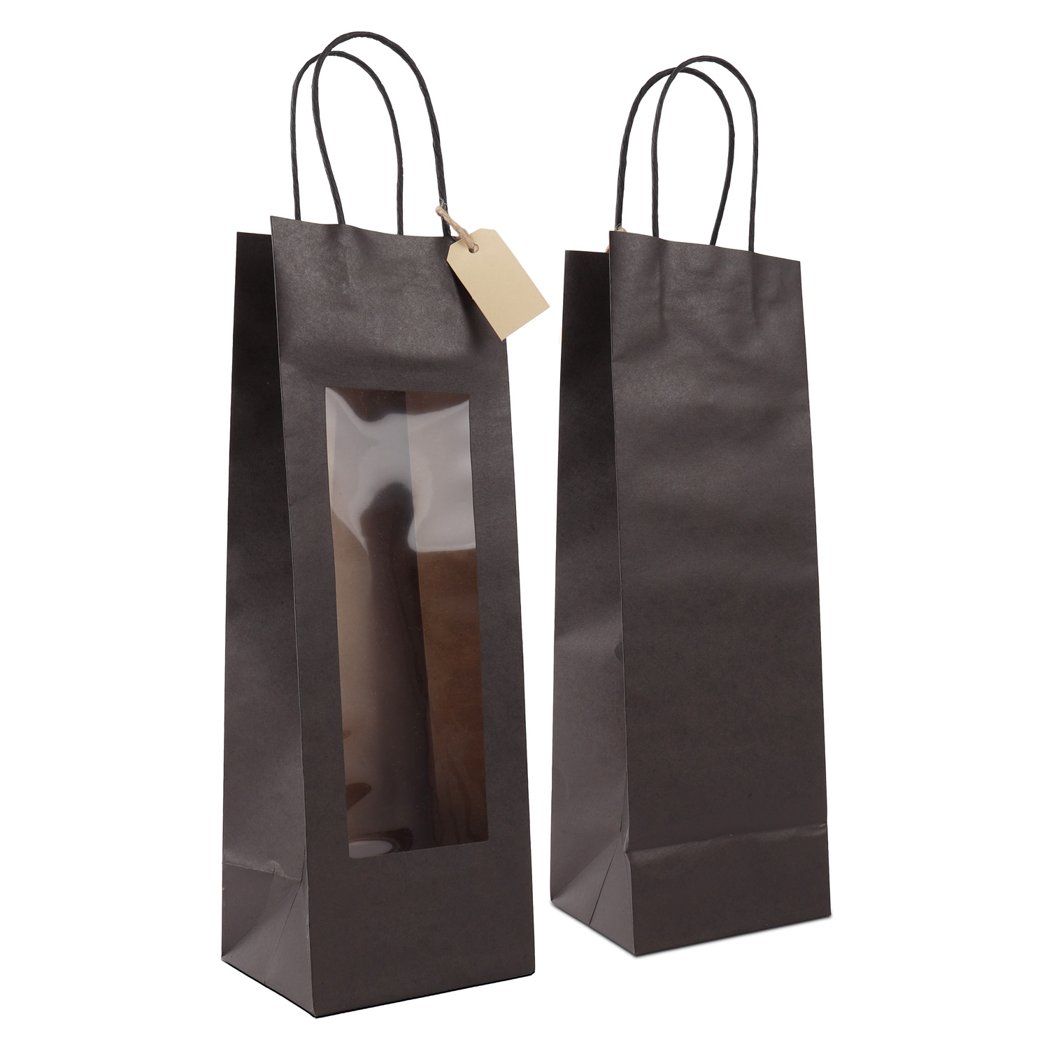 Twisted papieren wijnflestasjes met venster en hangtag