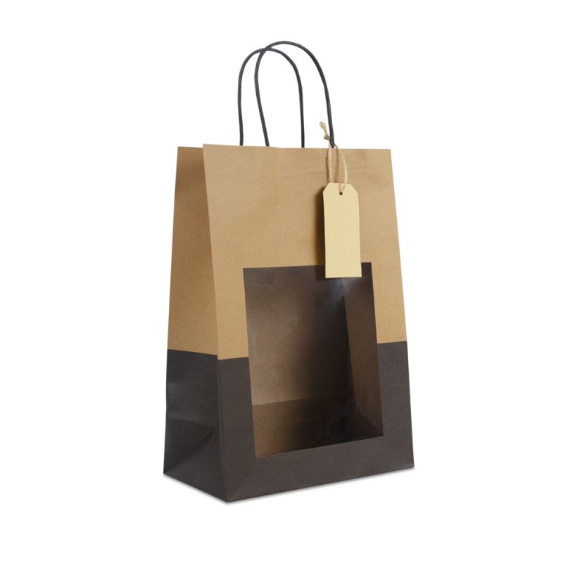 Twisted papieren cadeautasjes met venster en hangtag